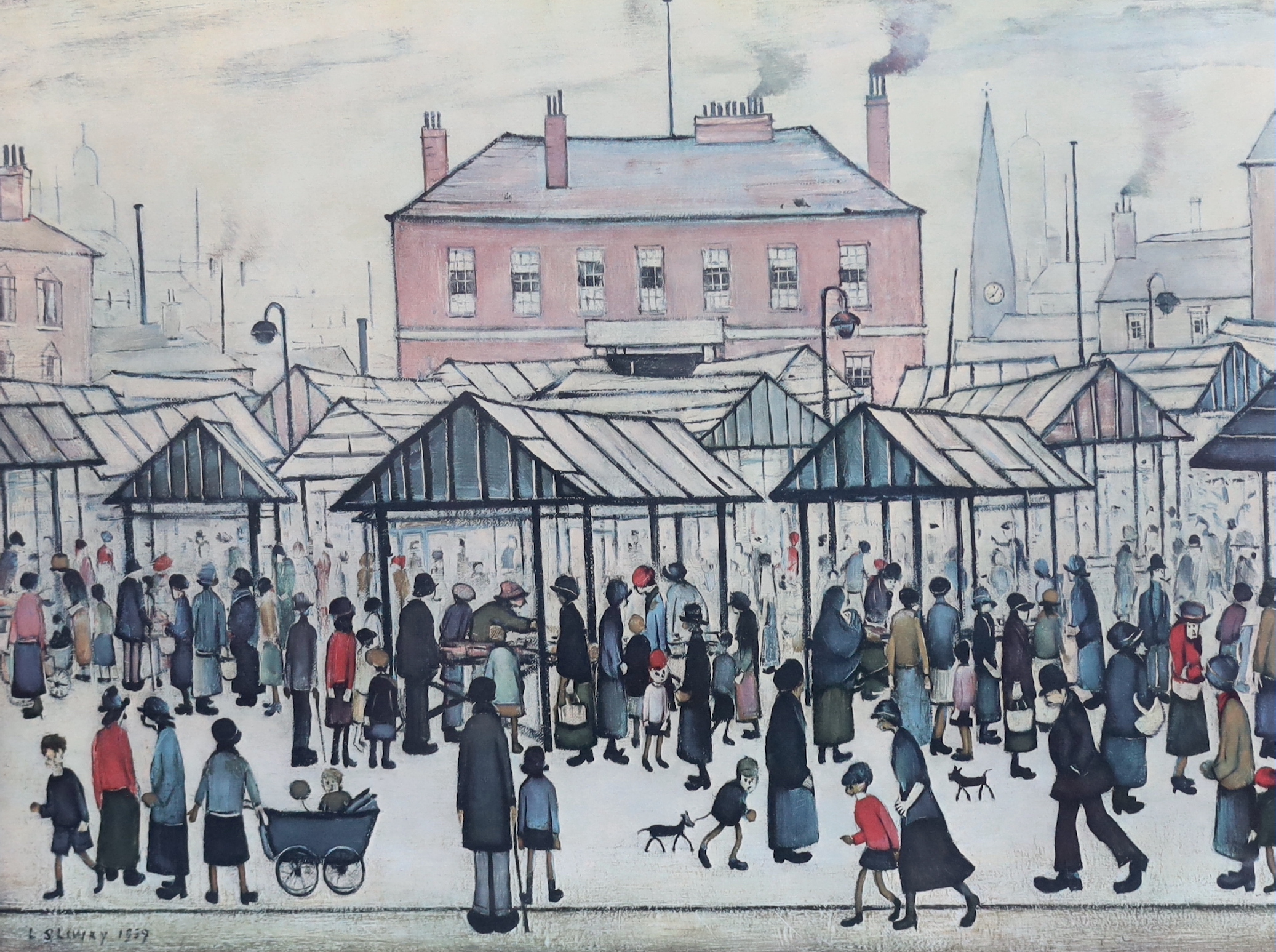 Laurence Stephen Lowry R.A. (English, 1887-1976), 'Market scene in a Northern town', offset lithograph, 46 x 61cm